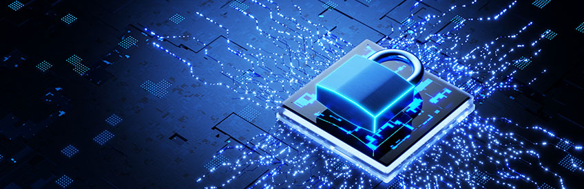 A 3d rendering of a computer chip with a padlock resting atop against a blue circuit board background.