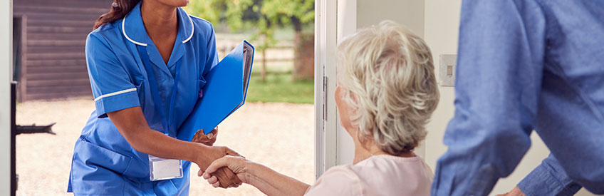 Personal Care assistant shaking hand of client in wheelchair