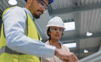 Female factory supervisor is on-the-job training an African American male employee