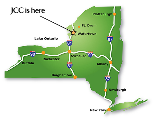 New York State map showing JCC located in Watertown, NY