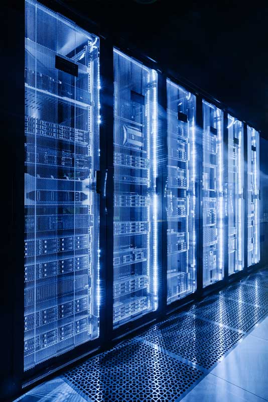 Data center illuminated with blue light