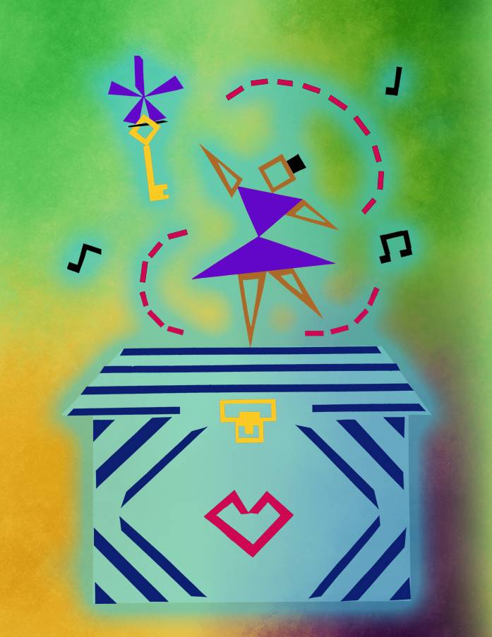 A girl atop a music box reaches for a key. Uses geometric shapes and has abstract look/feel to it